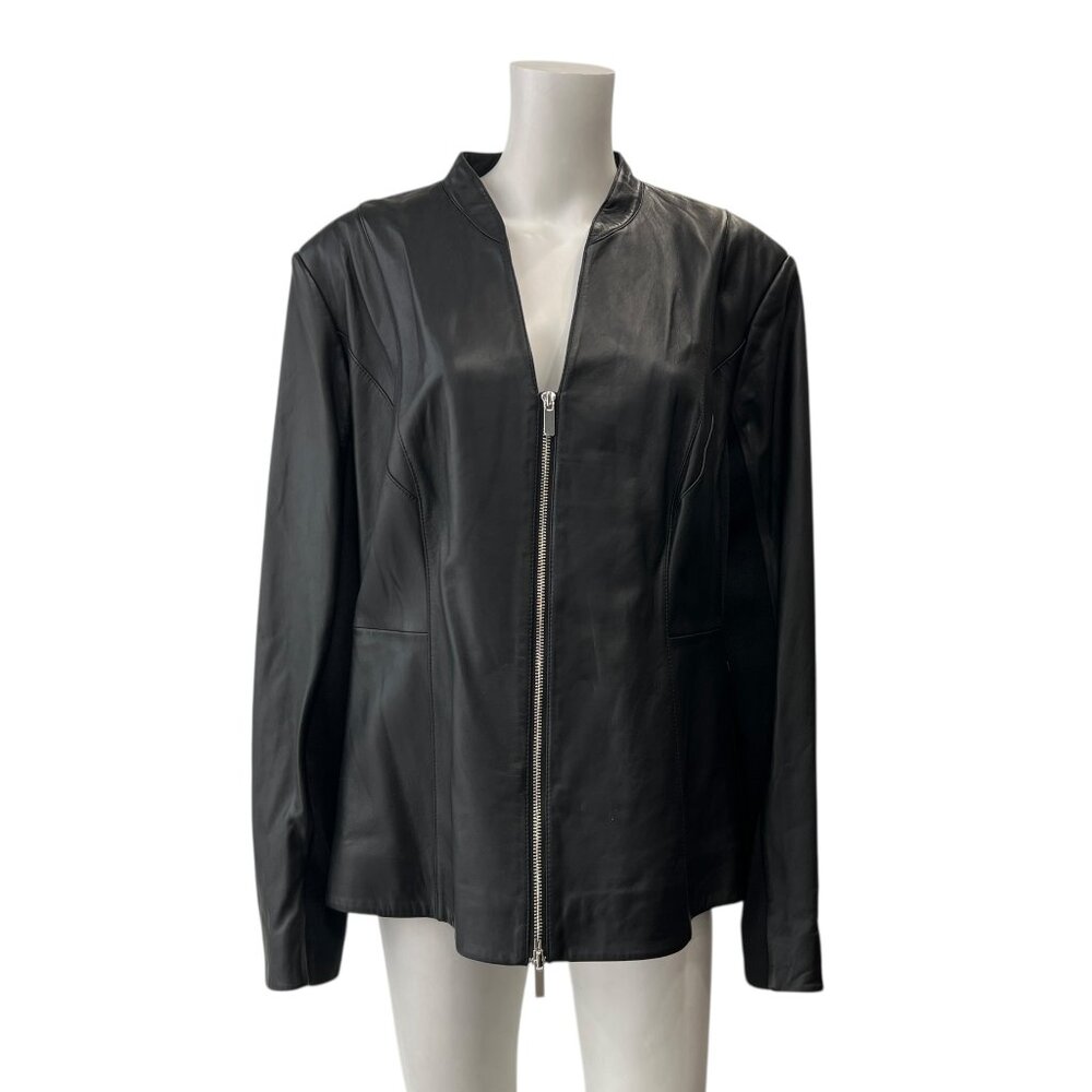 $1145 NWT Marina Rinaldi Black Leather Emma Zip Jacket size FR 54/US 20